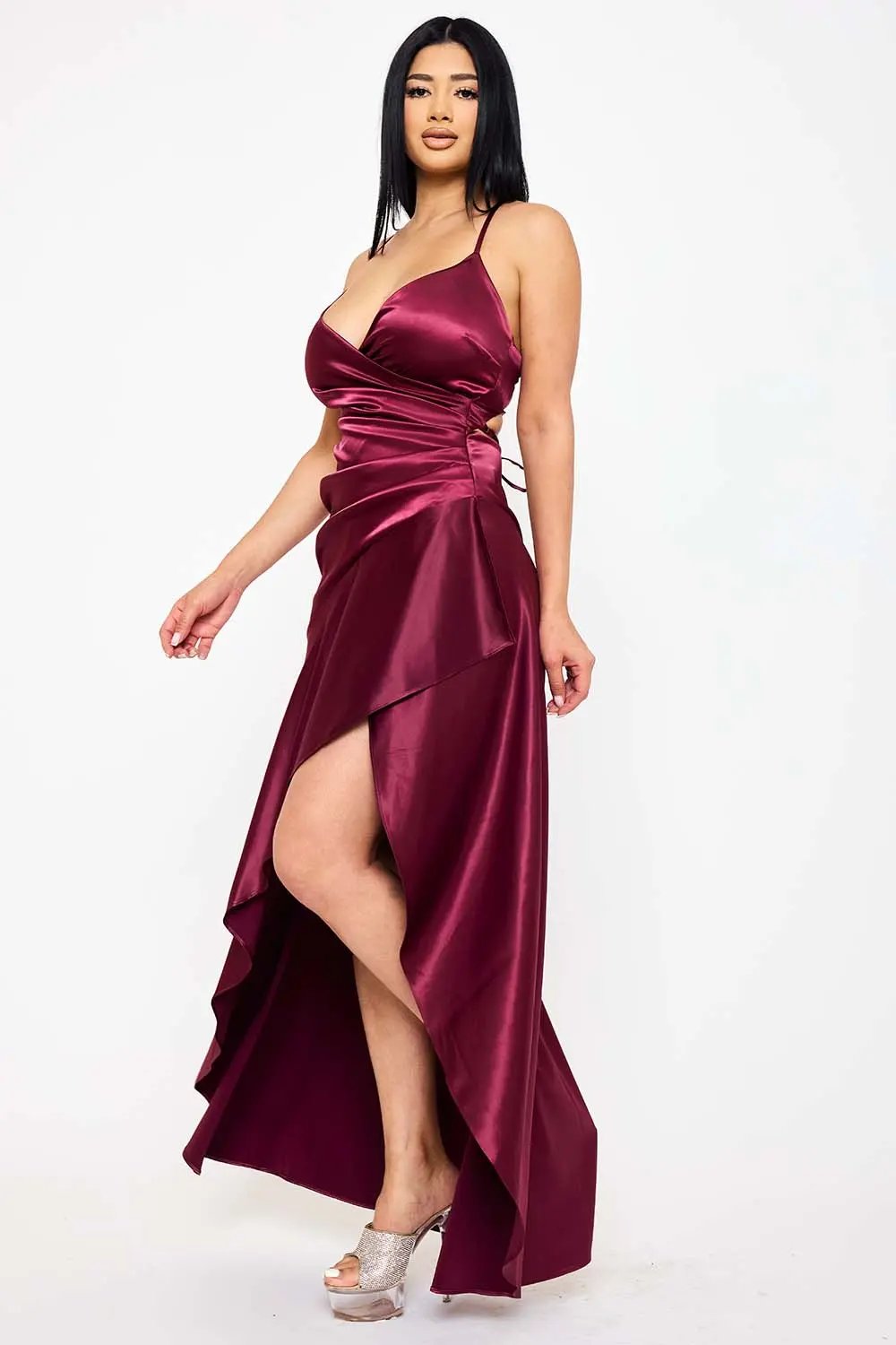 Satin Maxi Dress - Ruffle Hi-Low Evening Gown With Pleated Waist BOUTINIE