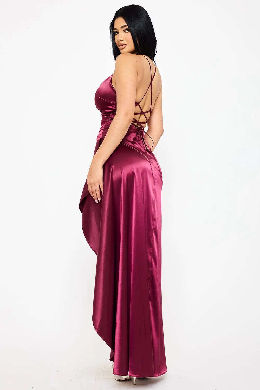 Satin Maxi Dress - Ruffle Hi-Low Evening Gown With Pleated Waist BOUTINIE