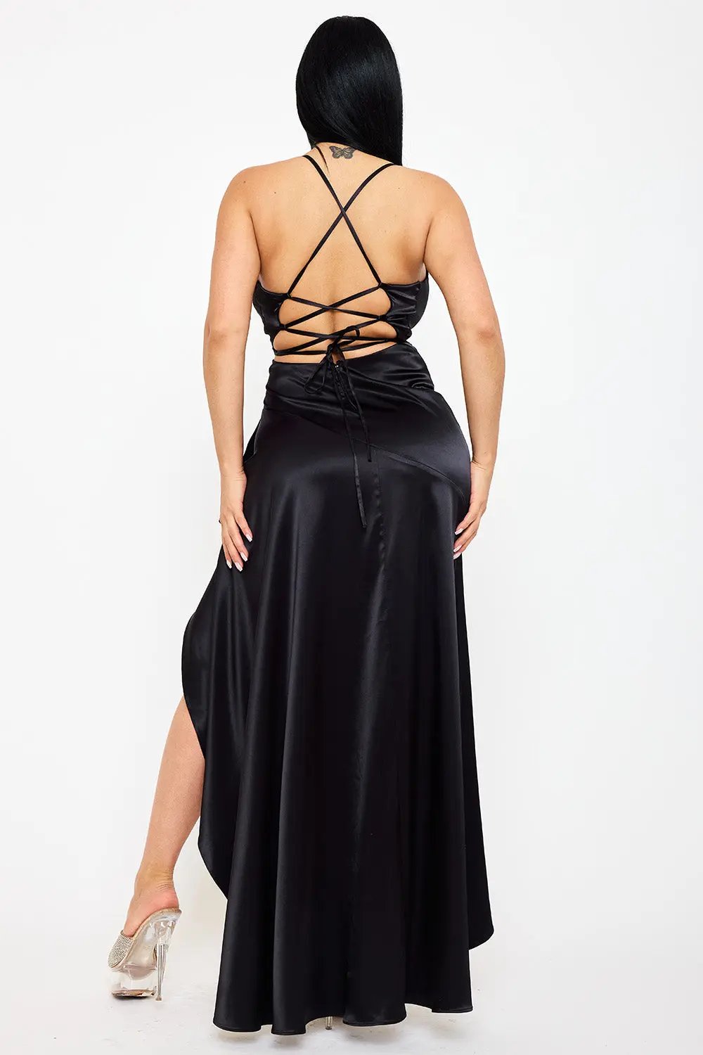 Satin Maxi Dress - Ruffle Hi-Low Evening Gown With Pleated Waist BOUTINIE