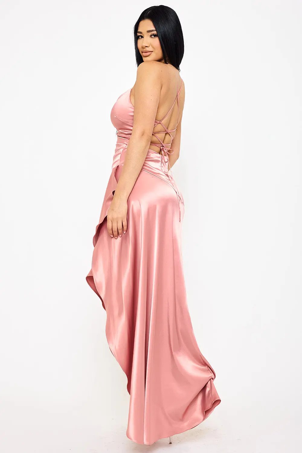 Satin Maxi Dress - Ruffle Hi-Low Evening Gown With Pleated Waist BOUTINIE