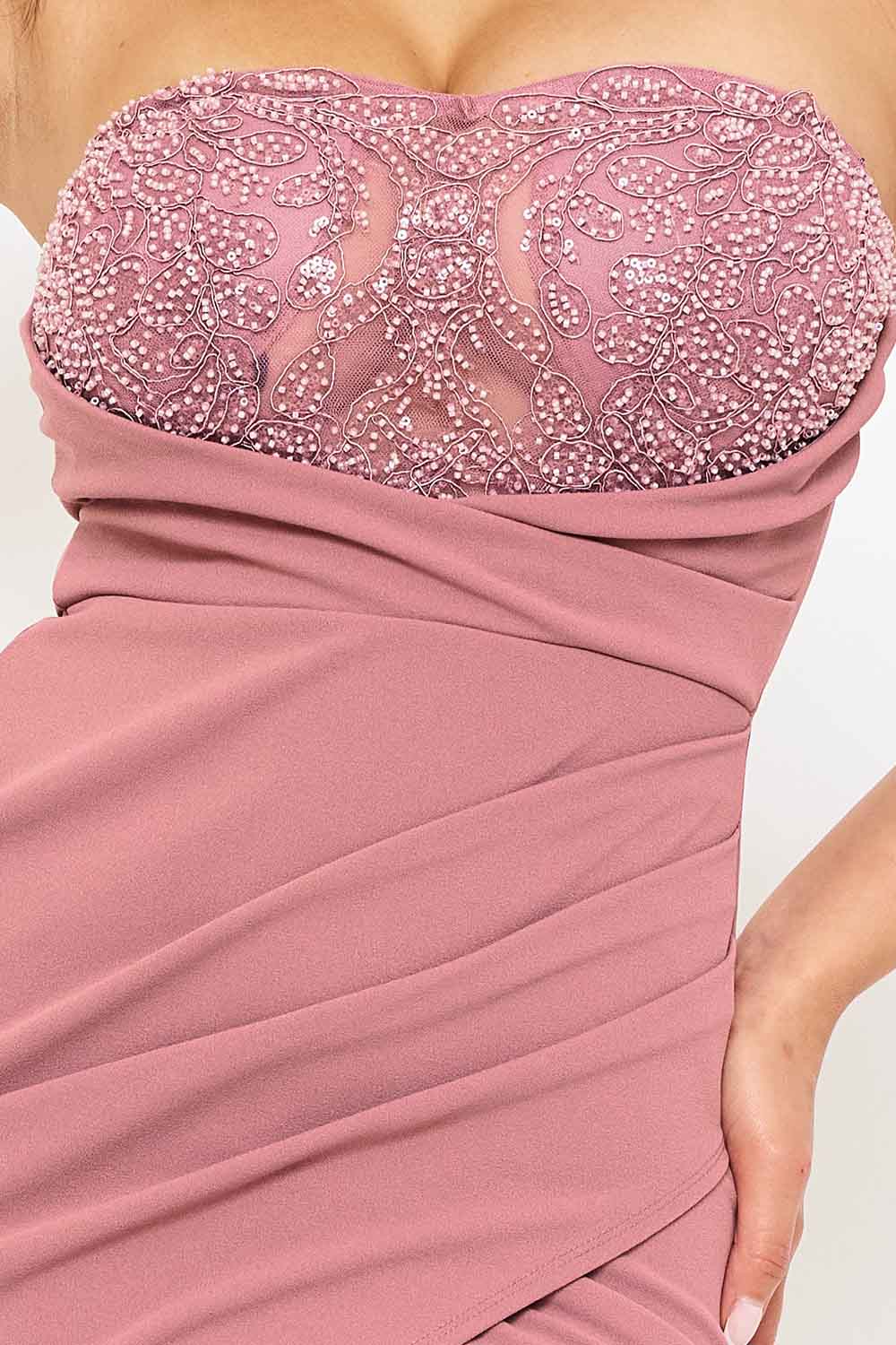 Mesh Bust Maxi Dress – Beaded Sequin Wrap Pleated Zipper Back BOUTINIE