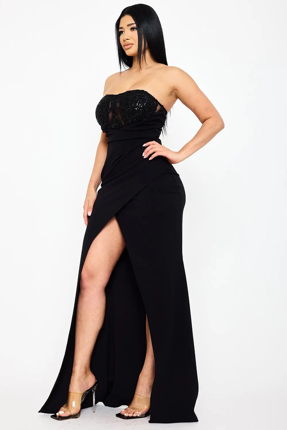 Mesh Bust Maxi Dress – Beaded Sequin Wrap Pleated Zipper Back BOUTINIE