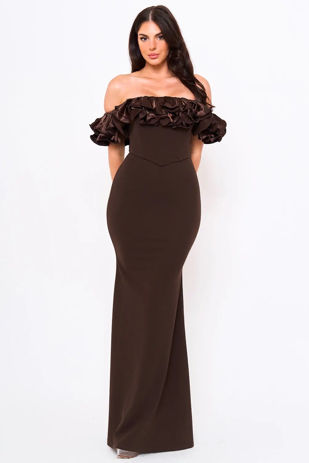 Ruffle Off Shoulder Dress – Maxi Evening Gown With Zipper Back Closure BOUTINIE