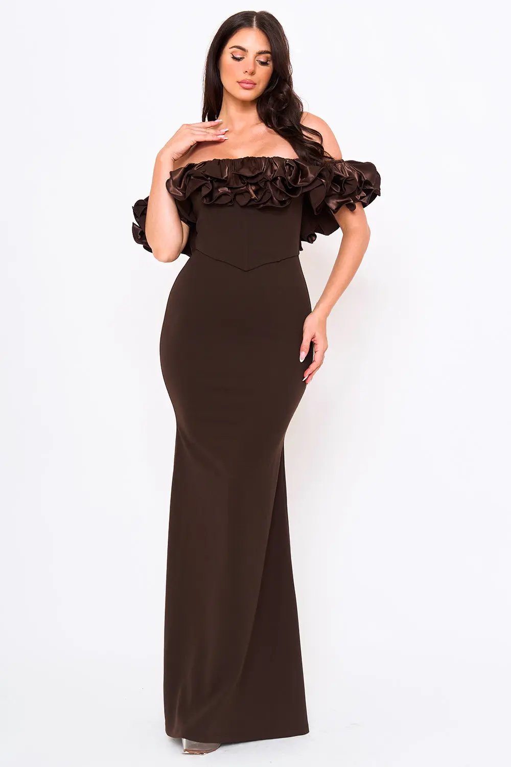 Ruffle Off Shoulder Dress – Maxi Evening Gown With Zipper Back Closure BOUTINIE