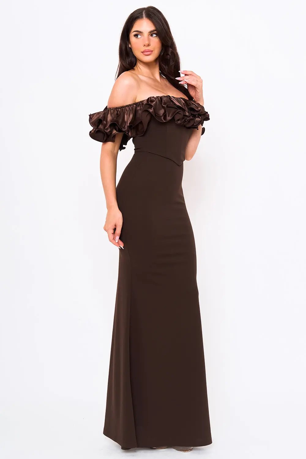Ruffle Off Shoulder Dress – Maxi Evening Gown With Zipper Back Closure BOUTINIE