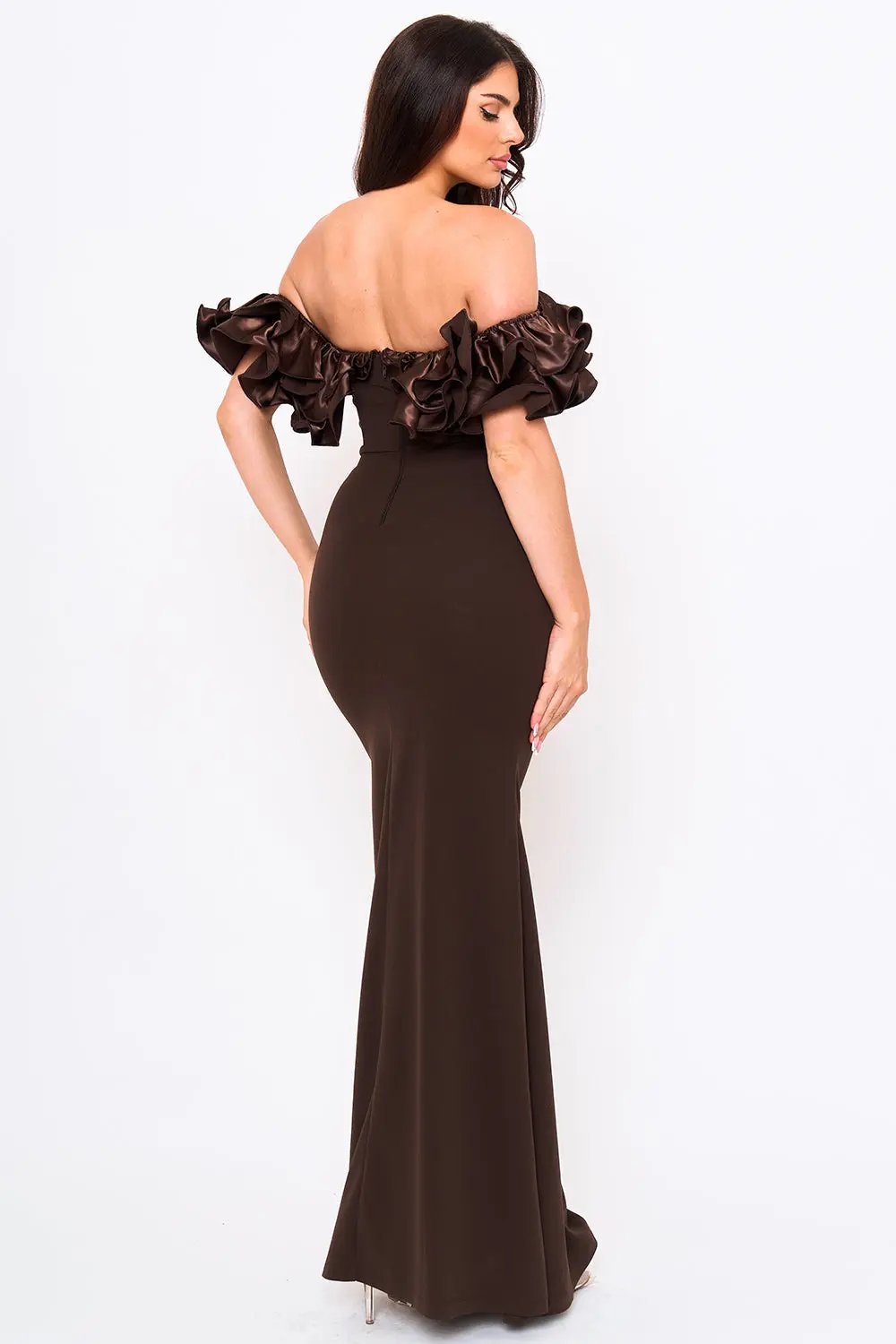 Ruffle Off Shoulder Dress – Maxi Evening Gown With Zipper Back Closure BOUTINIE