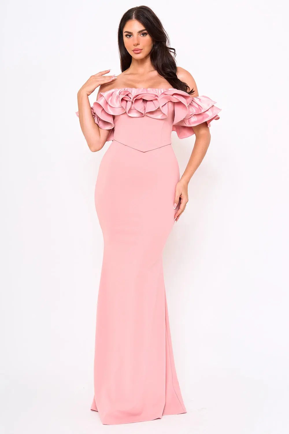 Ruffle Off Shoulder Dress – Maxi Evening Gown With Zipper Back Closure BOUTINIE