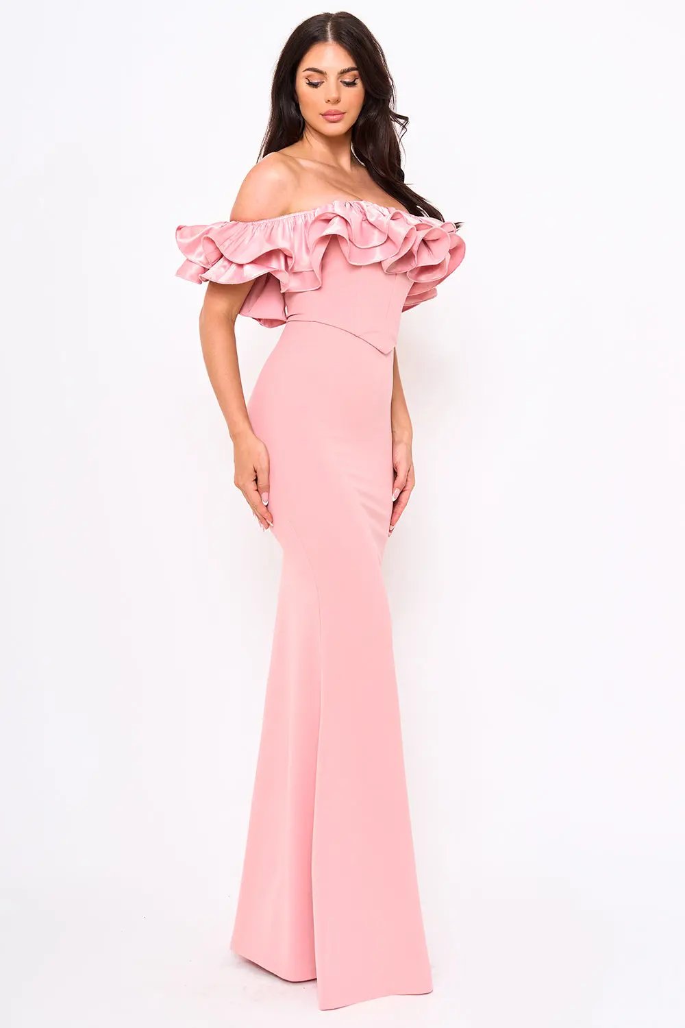 Ruffle Off Shoulder Dress – Maxi Evening Gown With Zipper Back Closure BOUTINIE