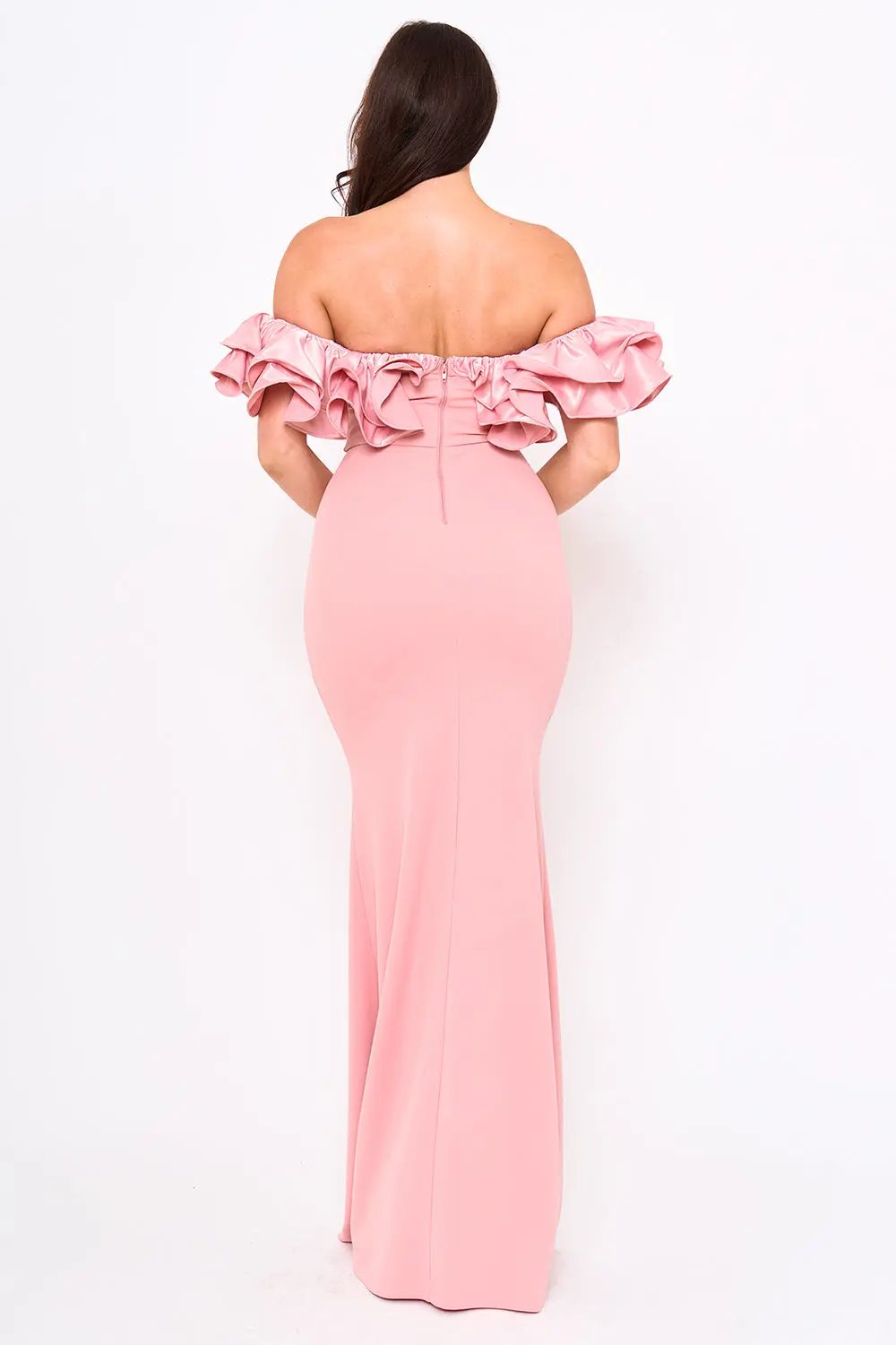 Ruffle Off Shoulder Dress – Maxi Evening Gown With Zipper Back Closure BOUTINIE