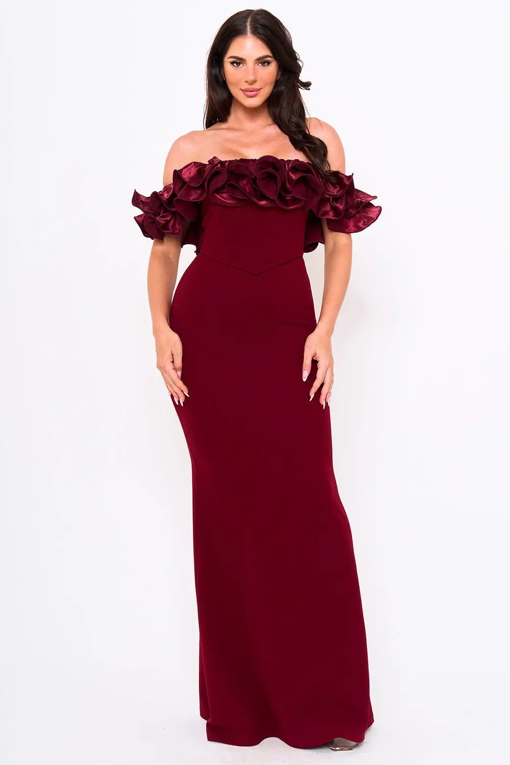 Ruffle Off Shoulder Dress – Maxi Evening Gown With Zipper Back Closure BOUTINIE