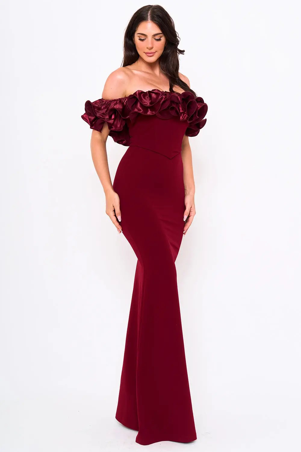 Ruffle Off Shoulder Dress – Maxi Evening Gown With Zipper Back Closure BOUTINIE