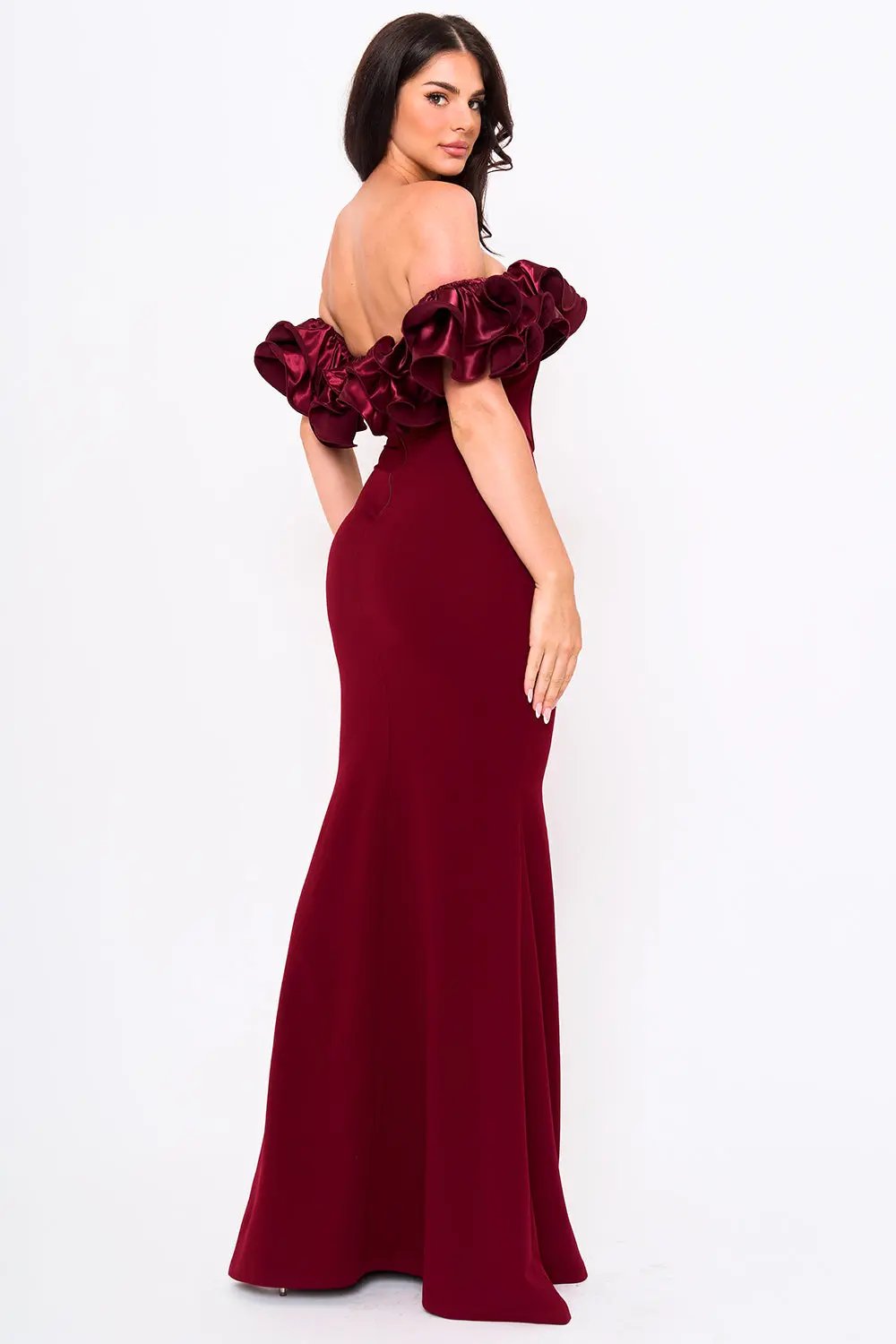 Ruffle Off Shoulder Dress – Maxi Evening Gown With Zipper Back Closure BOUTINIE