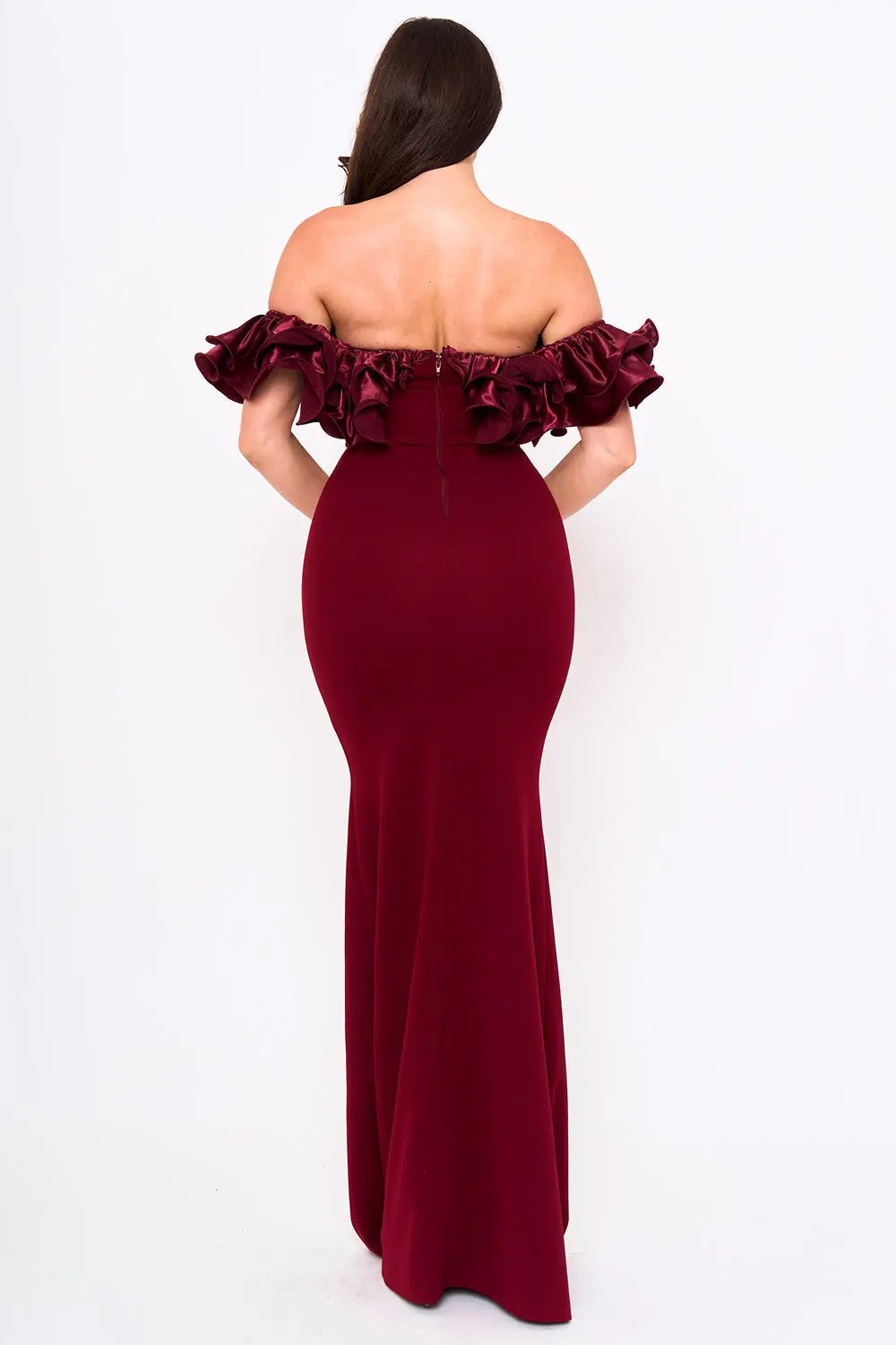 Ruffle Off Shoulder Dress – Maxi Evening Gown With Zipper Back Closure BOUTINIE