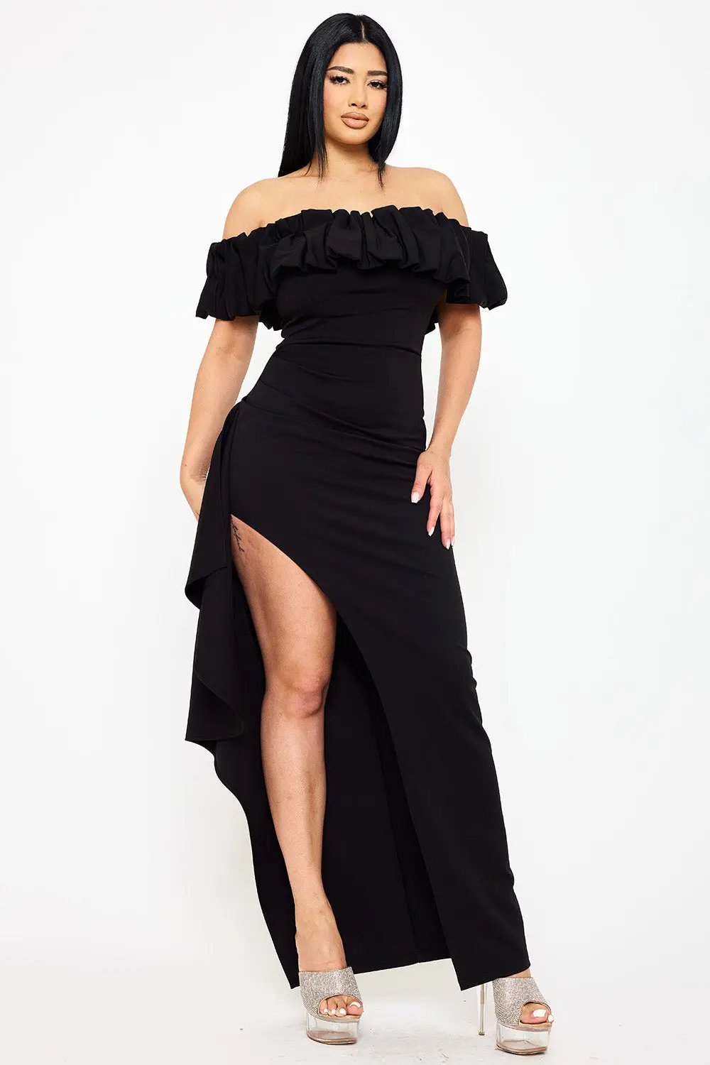 Ruffle Off Shoulder Dress – Formal Maxi Dress With Side Slit BOUTINIE