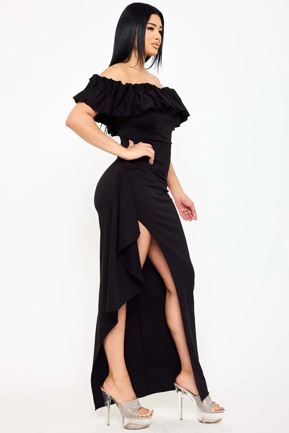 Ruffle Off Shoulder Dress – Formal Maxi Dress With Side Slit BOUTINIE