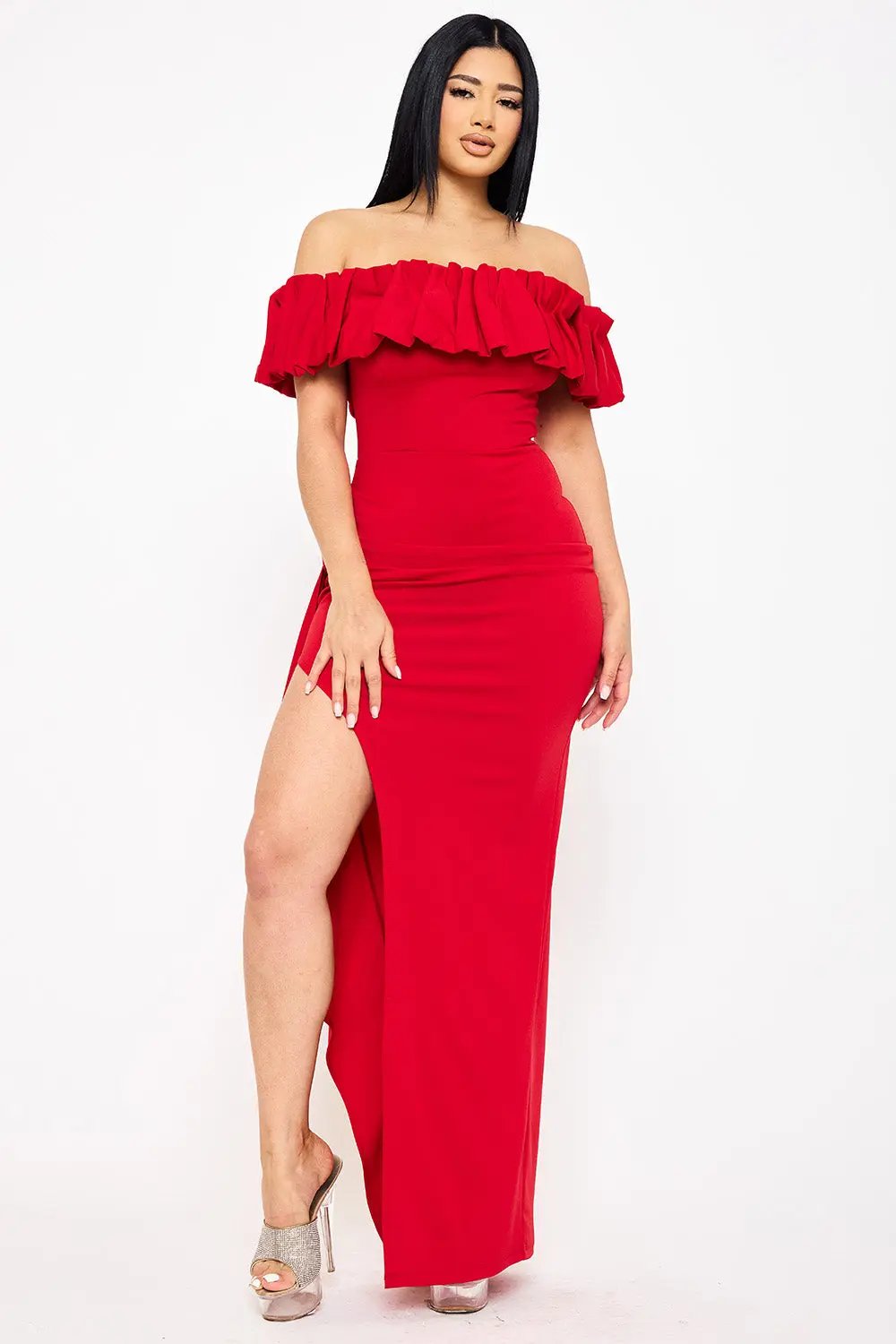 Ruffle Off Shoulder Dress – Formal Maxi Dress With Side Slit BOUTINIE