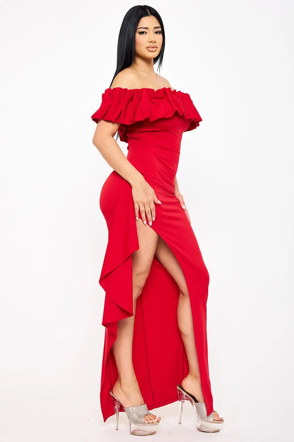 Ruffle Off Shoulder Dress – Formal Maxi Dress With Side Slit BOUTINIE
