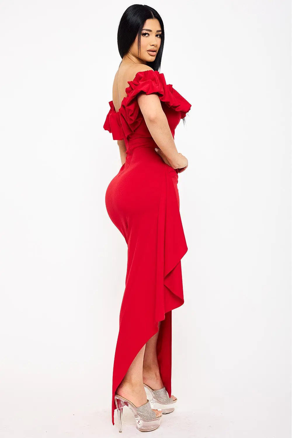 Ruffle Off Shoulder Dress – Formal Maxi Dress With Side Slit BOUTINIE