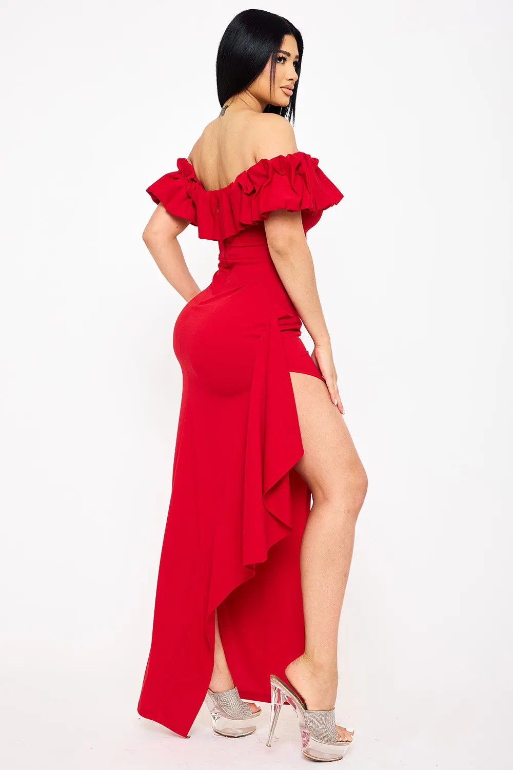 Ruffle Off Shoulder Dress – Formal Maxi Dress With Side Slit BOUTINIE
