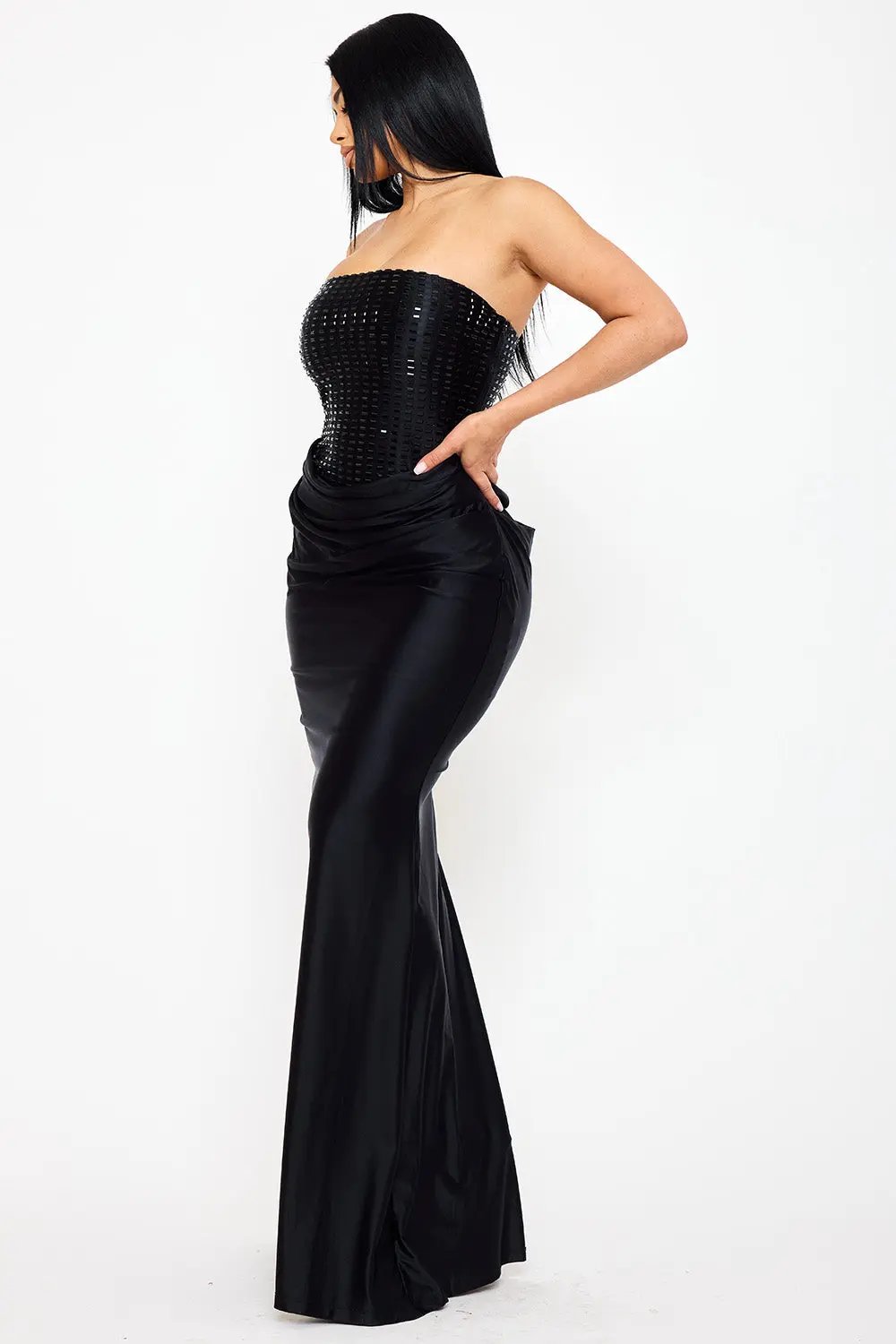 Mermaid Maxi Dress – Satin Gown With Rhinestone Detail & Cowl Waist BOUTINIE