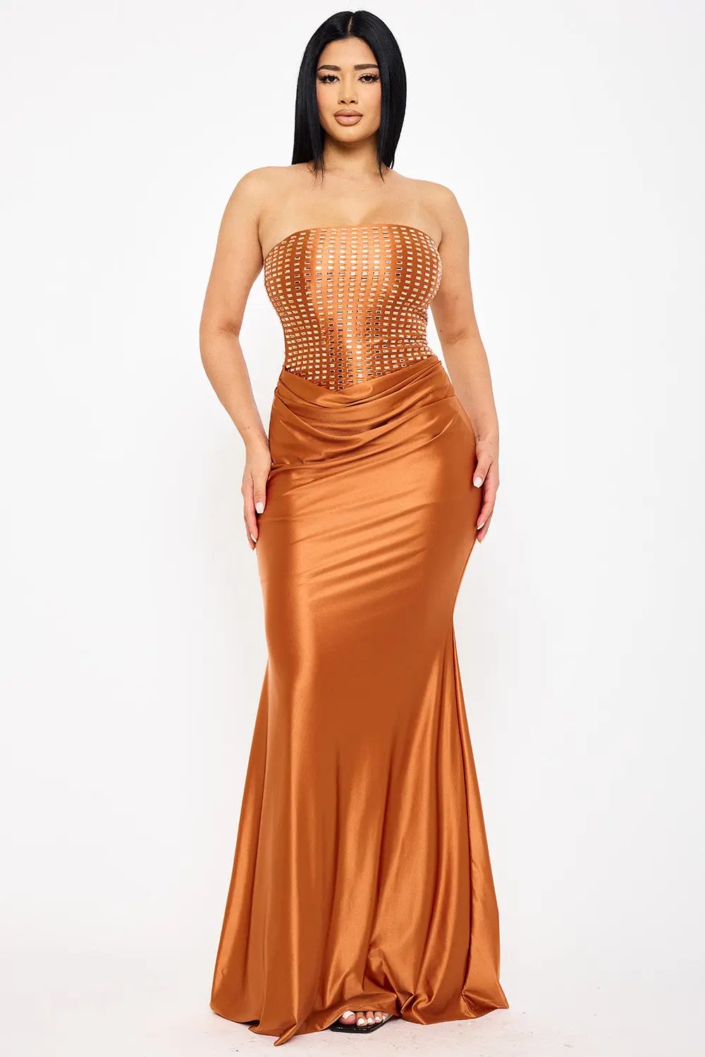 Mermaid Maxi Dress – Satin Gown With Rhinestone Detail & Cowl Waist BOUTINIE