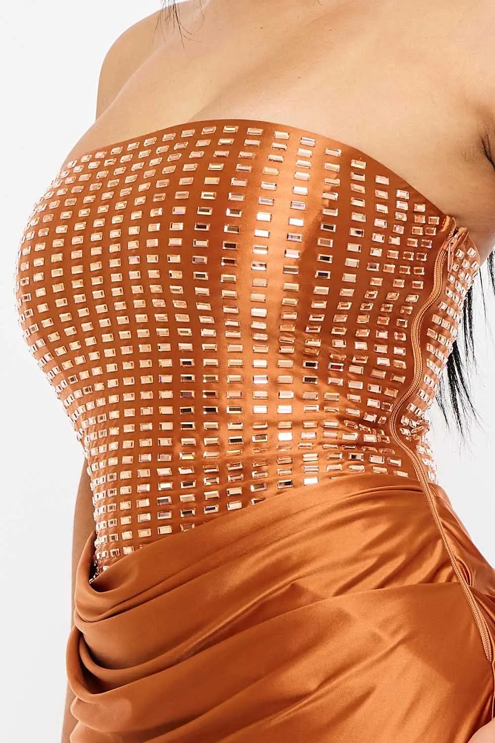 Mermaid Maxi Dress – Satin Gown With Rhinestone Detail & Cowl Waist BOUTINIE