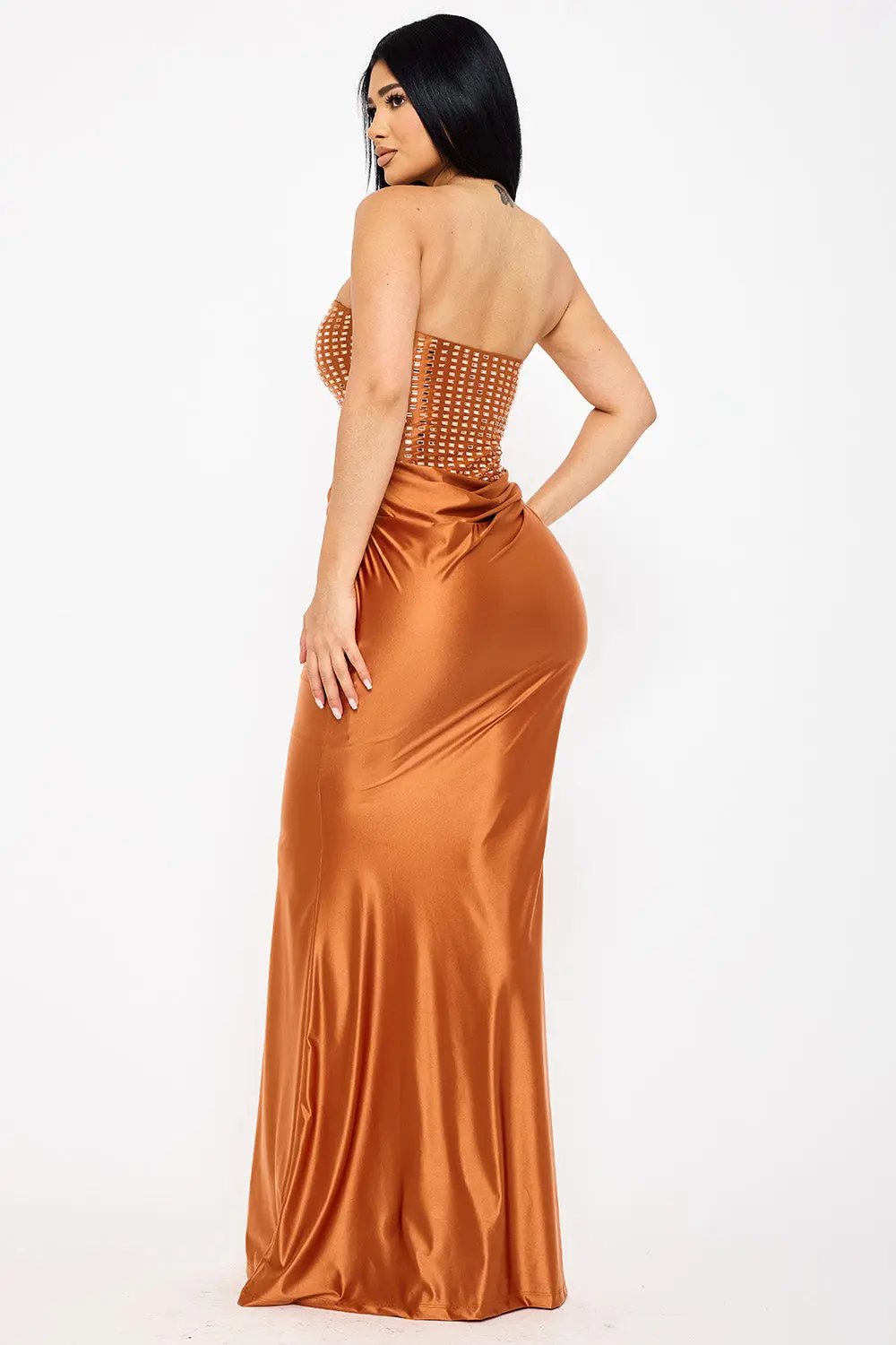 Mermaid Maxi Dress – Satin Gown With Rhinestone Detail & Cowl Waist BOUTINIE