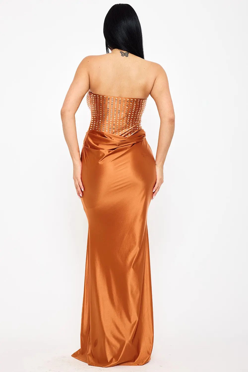 Mermaid Maxi Dress – Satin Gown With Rhinestone Detail & Cowl Waist BOUTINIE