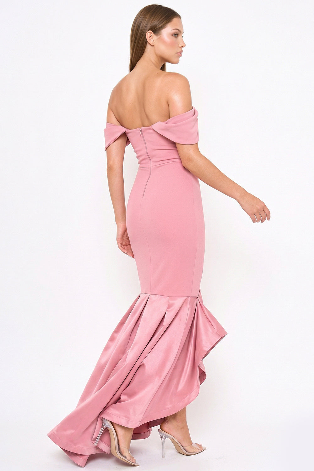 Dusty pink off-the-shoulder mermaid formal gown with a high-low pleated hem by Boutinie.