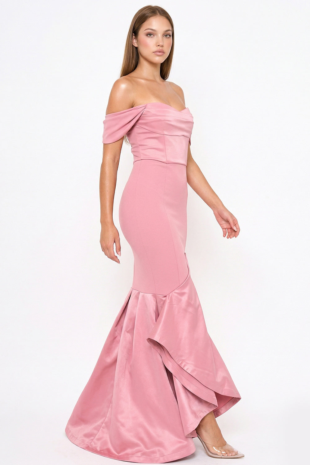 Boutinie dusty rose off-the-shoulder mermaid gown with sweetheart neckline and ruffled hem for formal occasions.