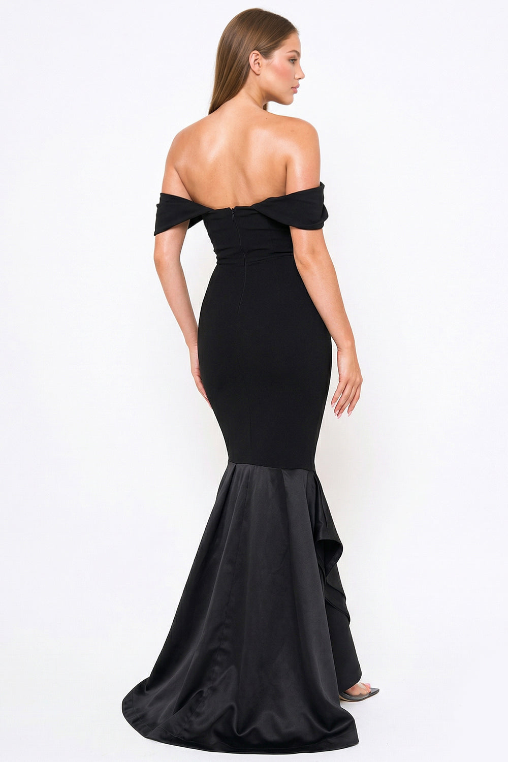 Black off-shoulder mermaid evening gown with a fitted bodice and satin trumpet hem for formal events.