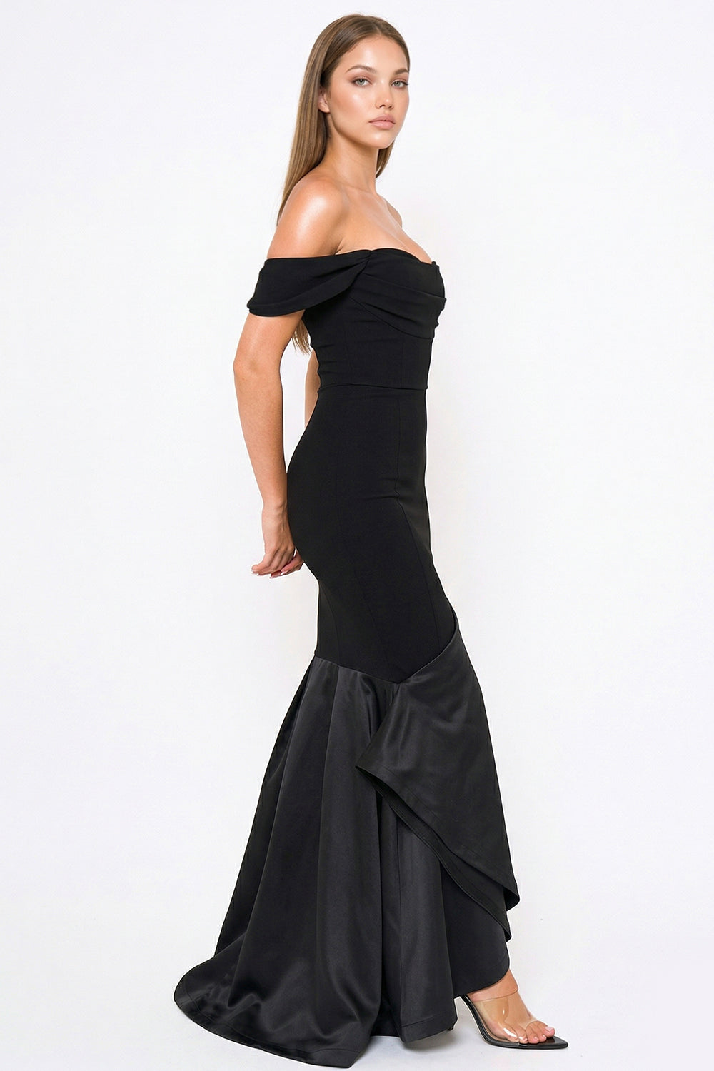 Black off-shoulder mermaid evening gown with fitted bodice and elegant satin flared hem from Boutinie.