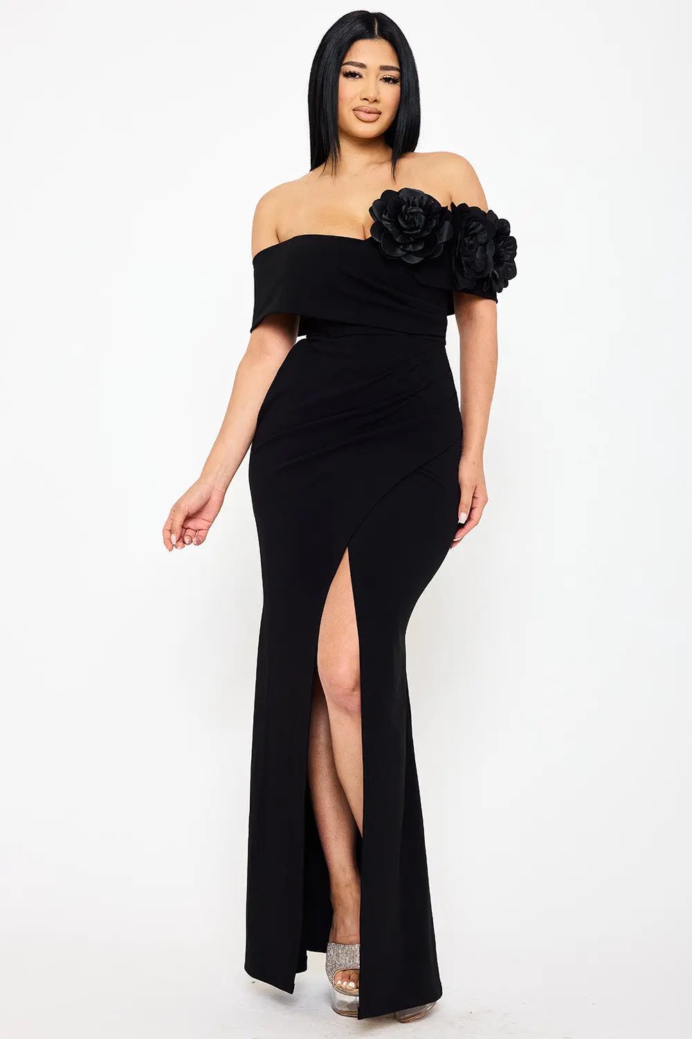 Off Shoulder Maxi Dress - Flower Corsage Wrap Bottom Design BOUTINIE