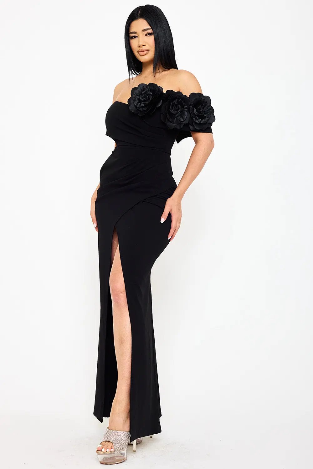 Off Shoulder Maxi Dress - Flower Corsage Wrap Bottom Design BOUTINIE