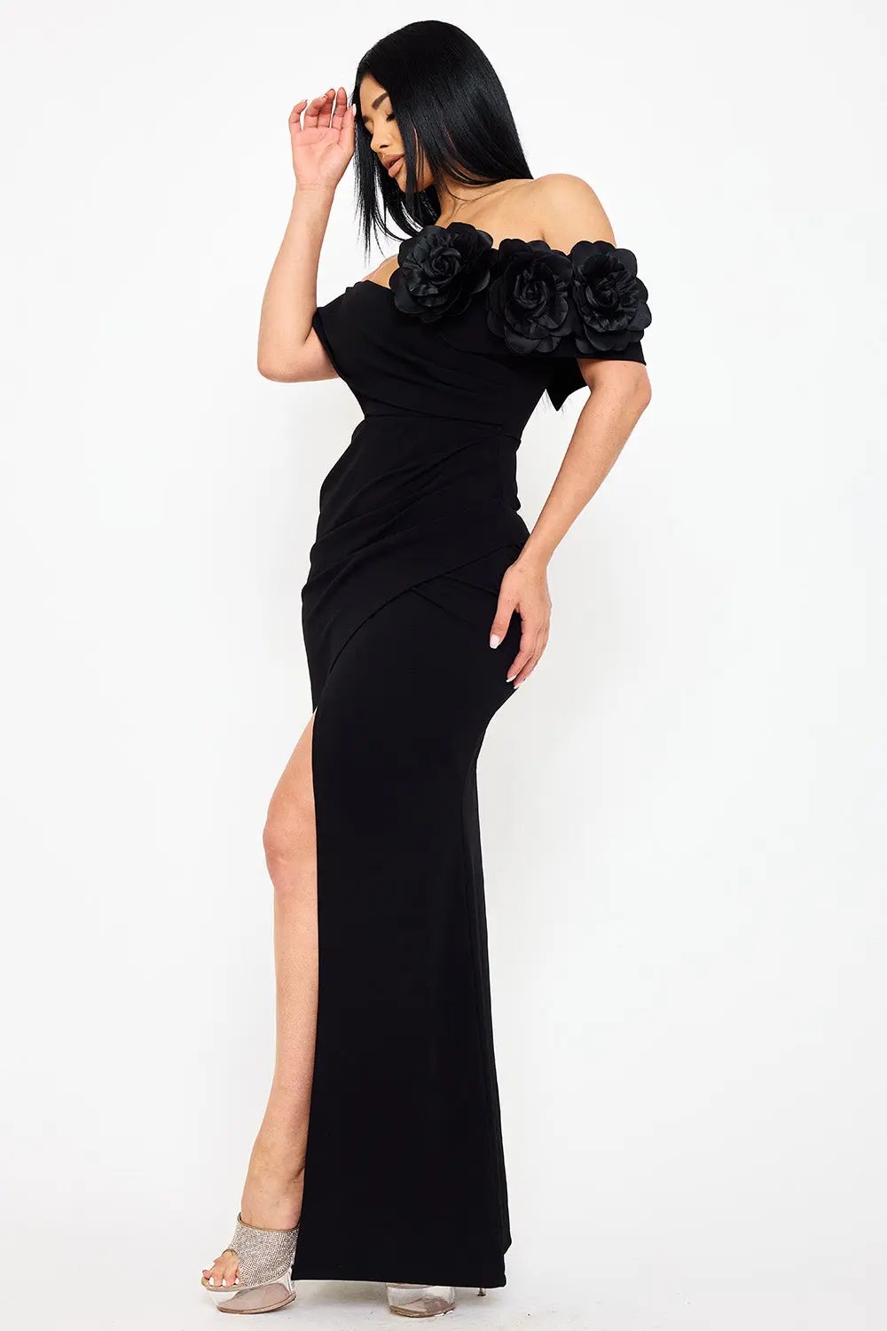 Off Shoulder Maxi Dress - Flower Corsage Wrap Bottom Design BOUTINIE