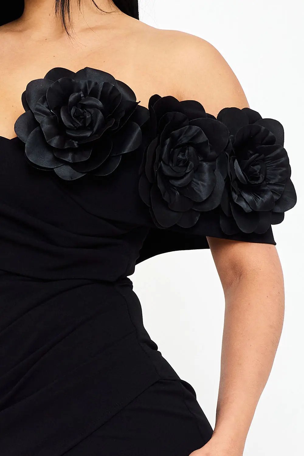 Off Shoulder Maxi Dress - Flower Corsage Wrap Bottom Design BOUTINIE