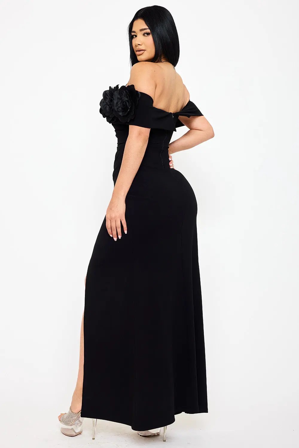 Off Shoulder Maxi Dress - Flower Corsage Wrap Bottom Design BOUTINIE