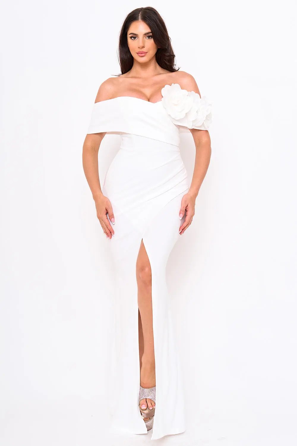 Off Shoulder Maxi Dress - Flower Corsage Wrap Bottom Design BOUTINIE