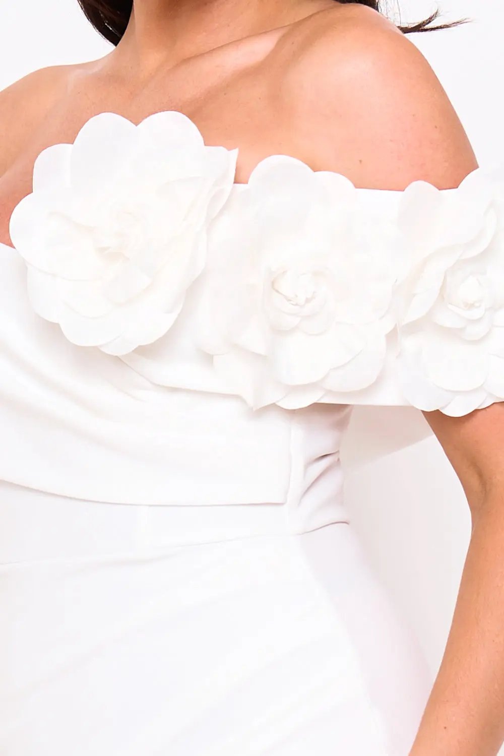 Off Shoulder Maxi Dress - Flower Corsage Wrap Bottom Design BOUTINIE