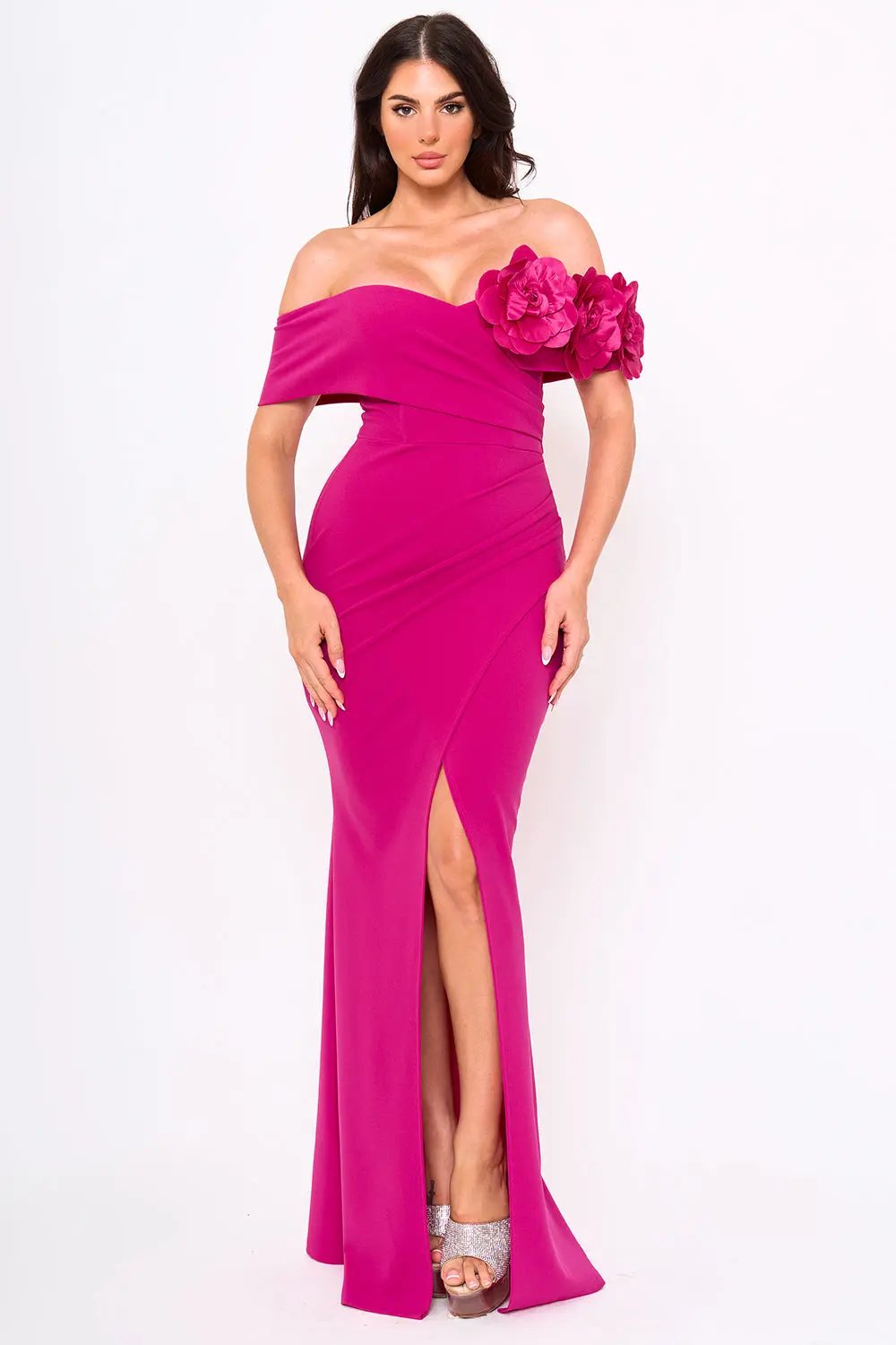 Off Shoulder Maxi Dress - Flower Corsage Wrap Bottom Design BOUTINIE