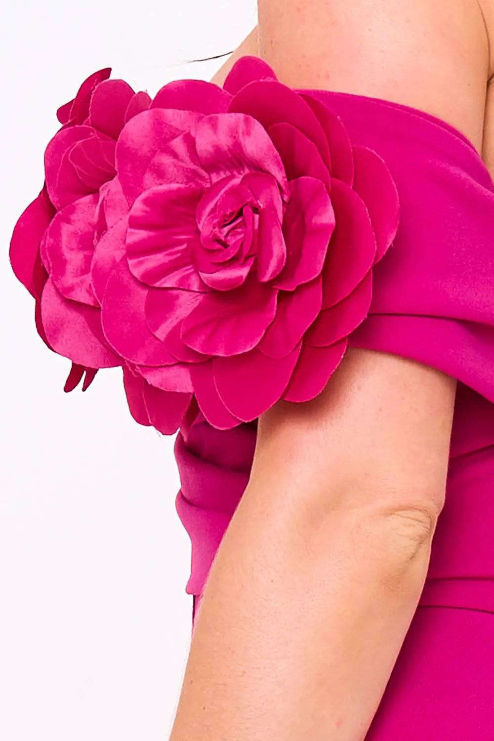 Off Shoulder Maxi Dress - Flower Corsage Wrap Bottom Design BOUTINIE