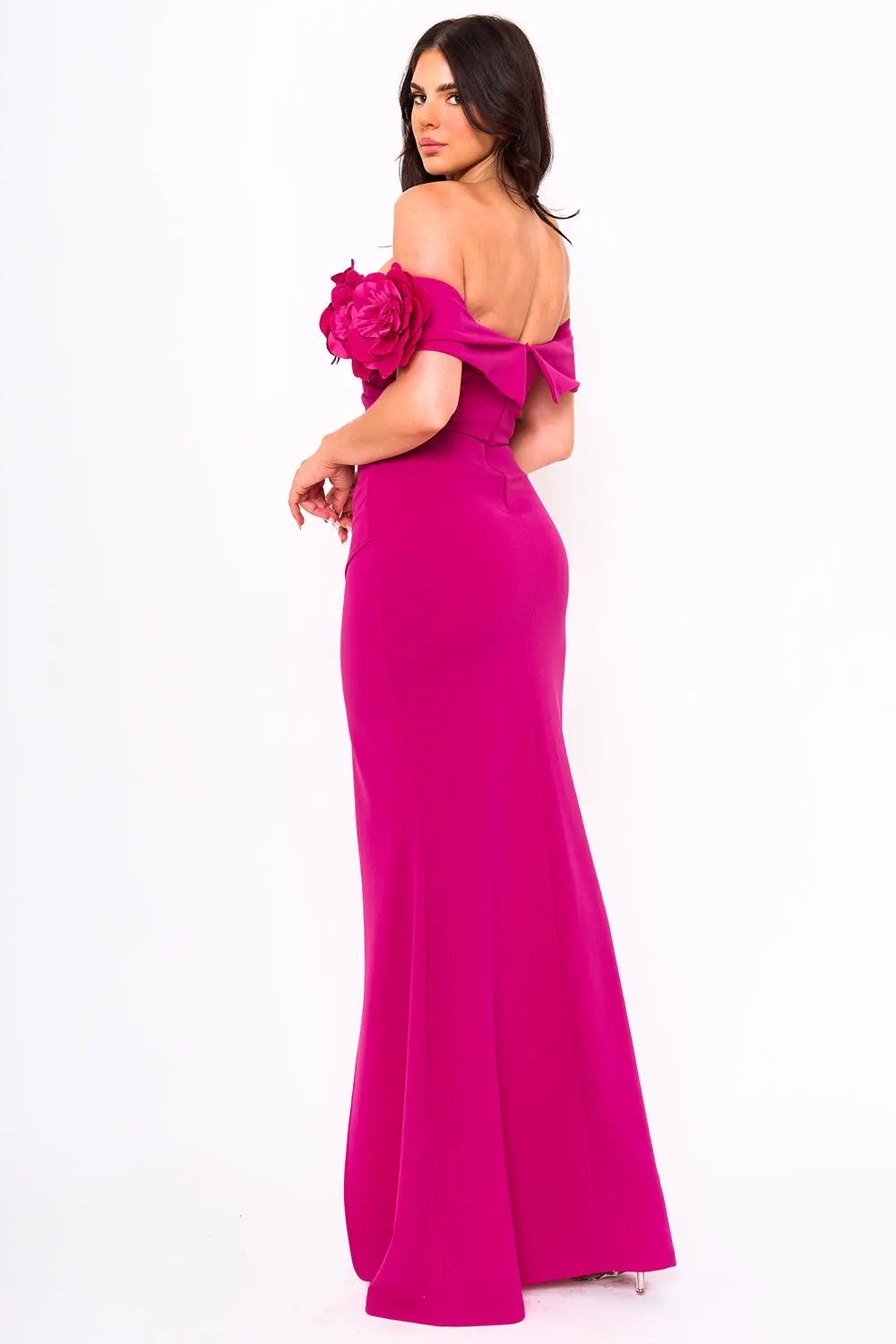 Off Shoulder Maxi Dress - Flower Corsage Wrap Bottom Design BOUTINIE