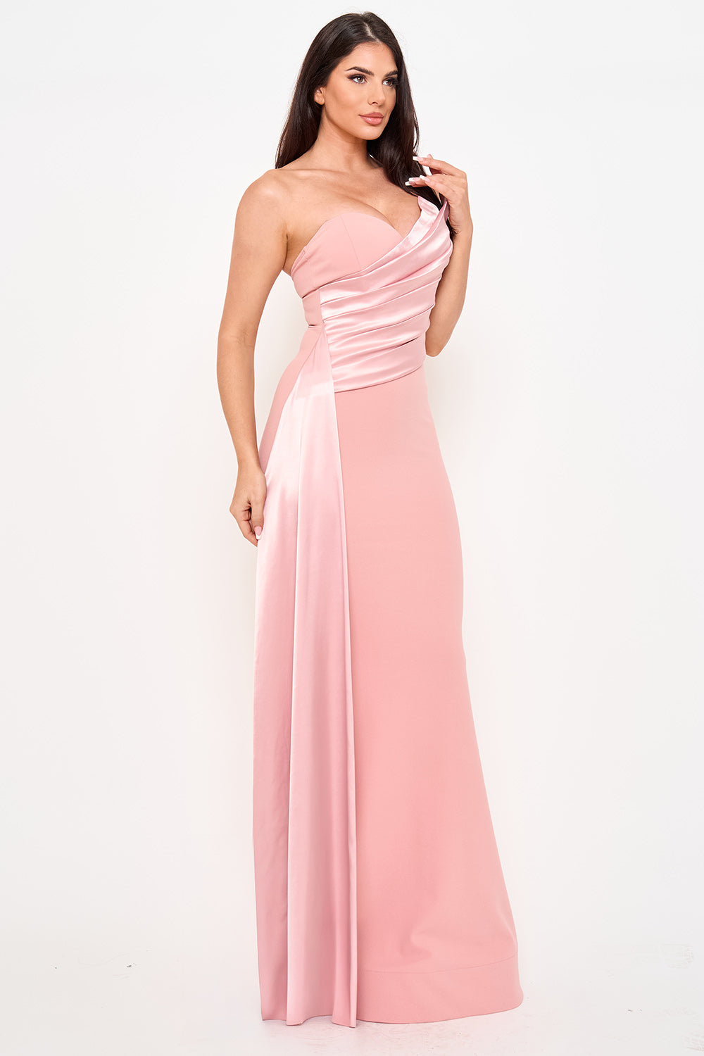 Boutinie dusty pink strapless satin evening gown with a draped bodice and slim-fit floor-length silhouette.