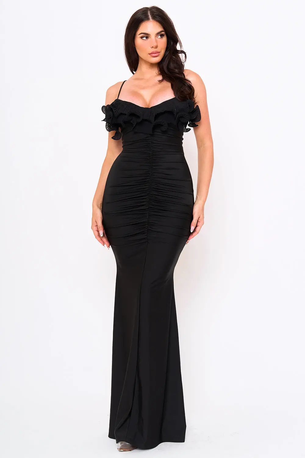 Power Satin Maxi Dress With Pleated Ruffle & Adjustable Straps BOUTINIE