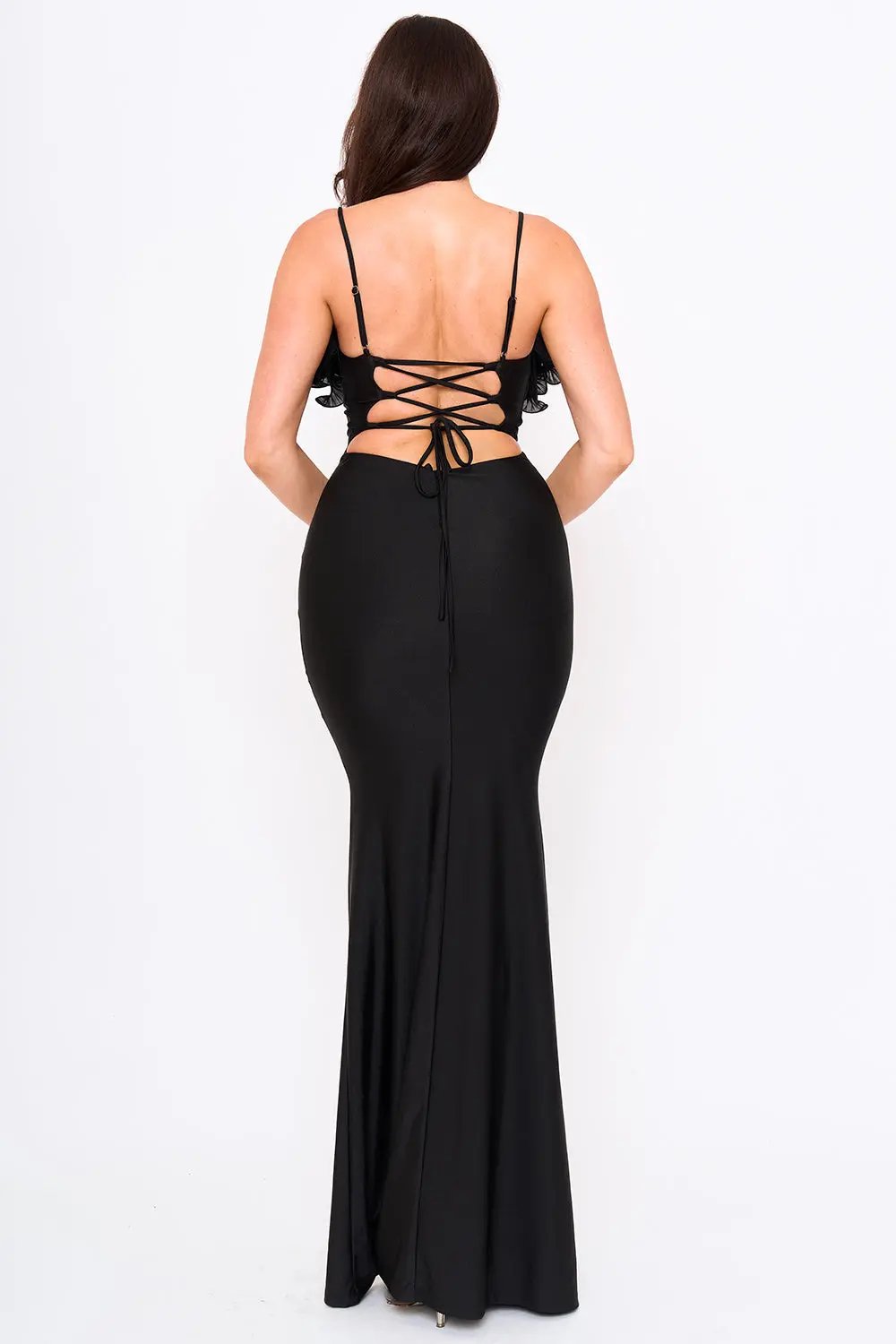 Power Satin Maxi Dress With Pleated Ruffle & Adjustable Straps BOUTINIE