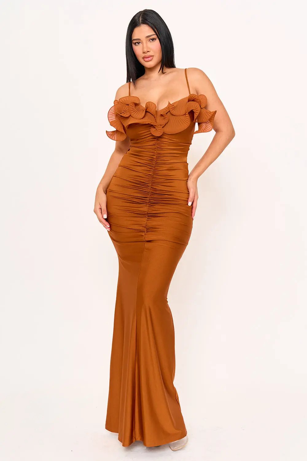 Power Satin Maxi Dress With Pleated Ruffle & Adjustable Straps BOUTINIE