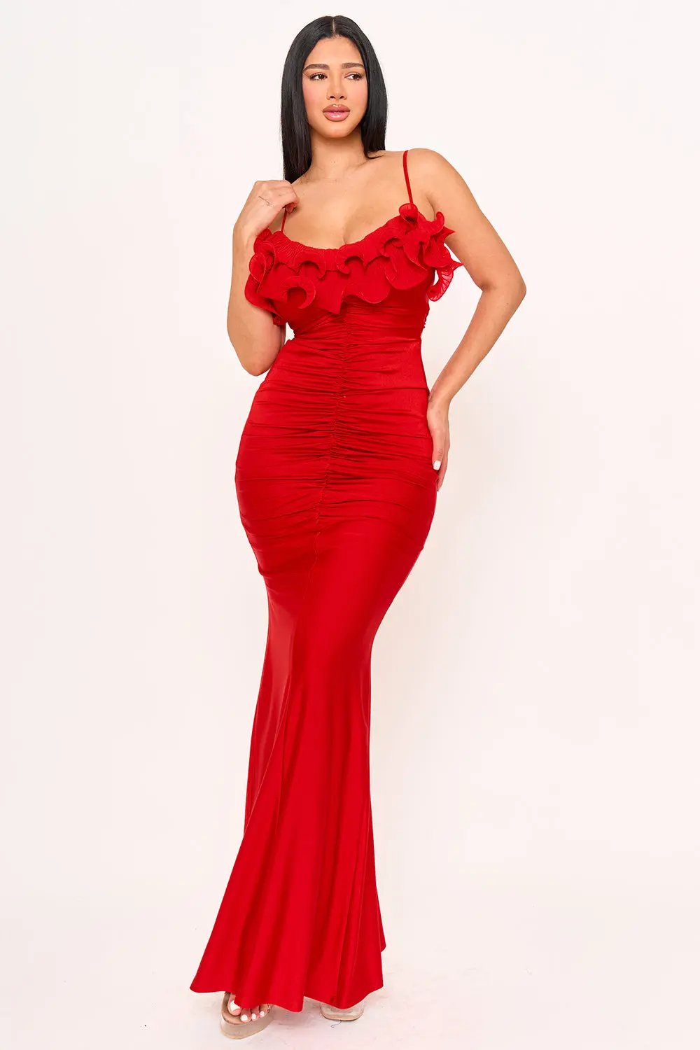 Power Satin Maxi Dress With Pleated Ruffle & Adjustable Straps BOUTINIE