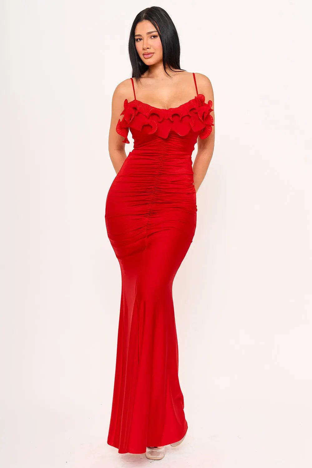 Power Satin Maxi Dress With Pleated Ruffle & Adjustable Straps BOUTINIE