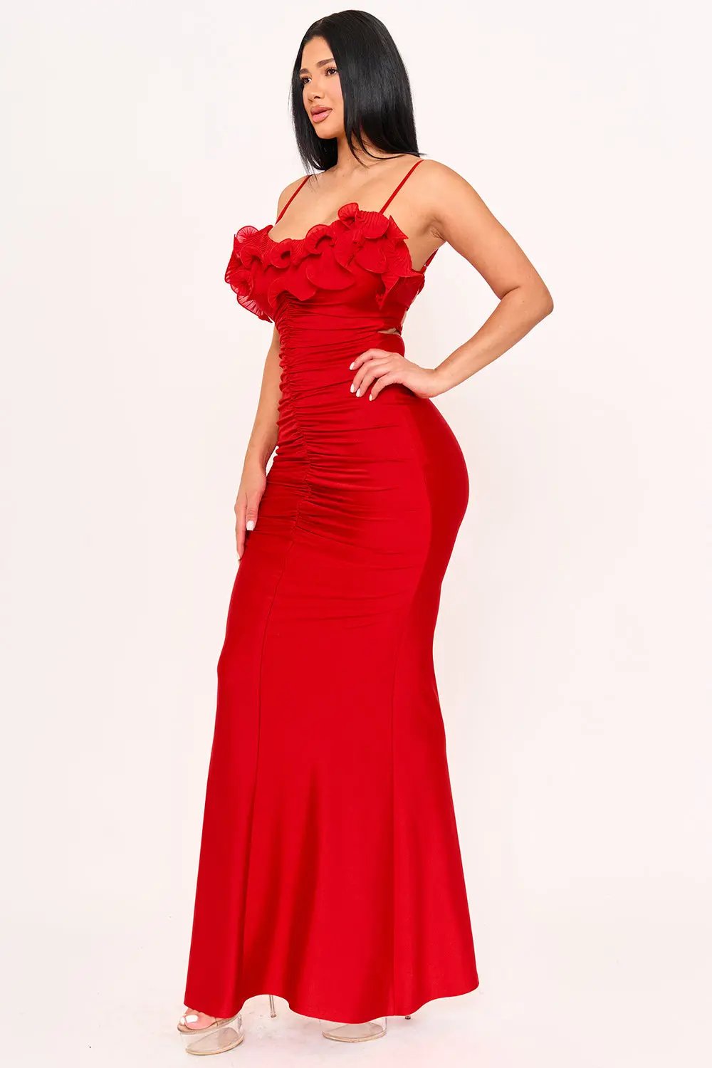 Power Satin Maxi Dress With Pleated Ruffle & Adjustable Straps BOUTINIE