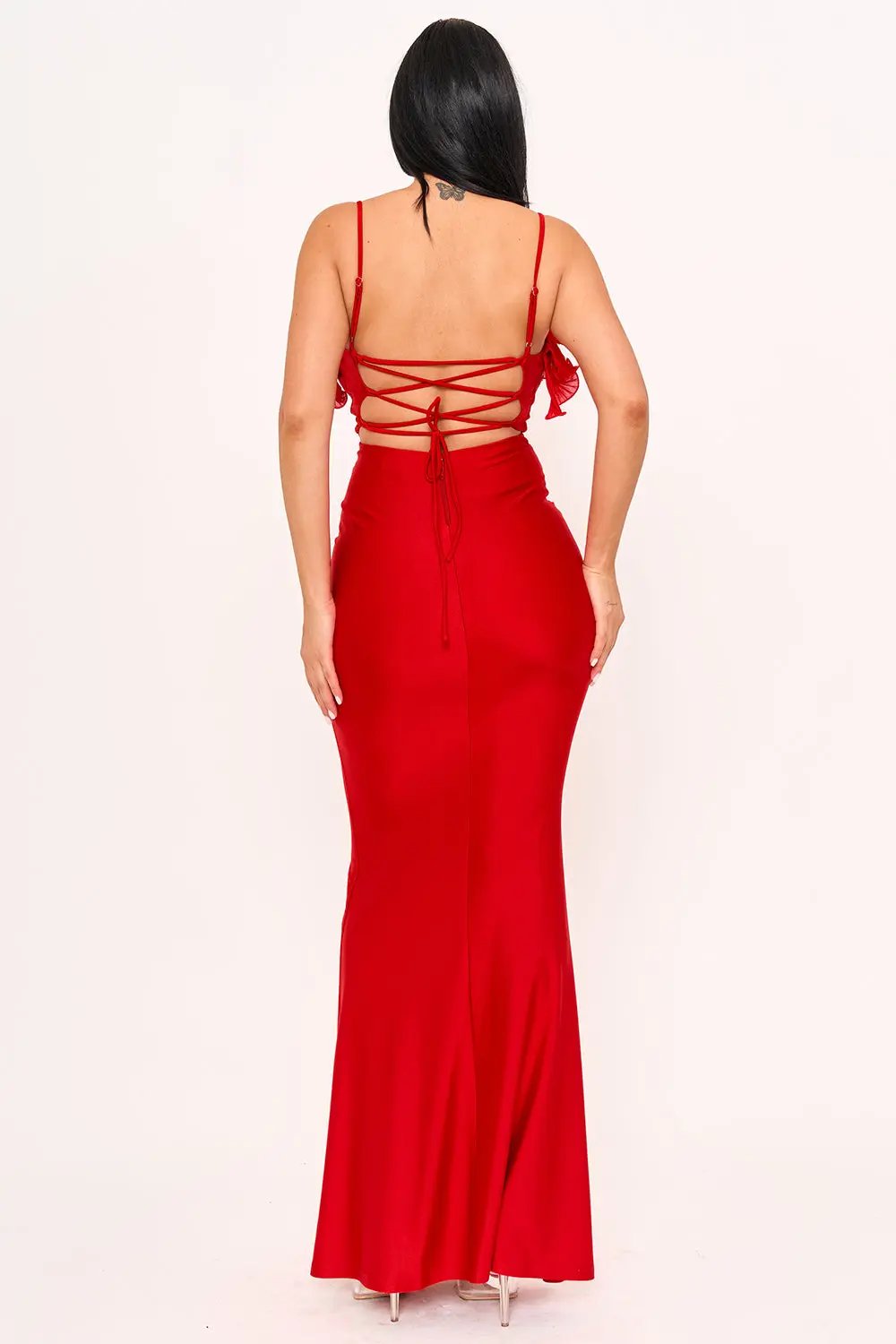 Power Satin Maxi Dress With Pleated Ruffle & Adjustable Straps BOUTINIE